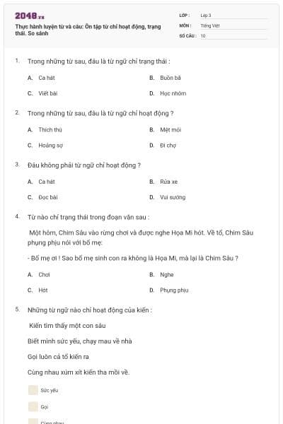 Thực hành luyện từ và câu: Ôn tập từ chỉ hoạt động, trạng thái. So sánh