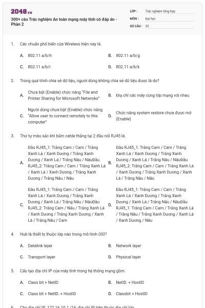 300+ câu Trắc nghiệm An toàn mạng máy tính có đáp án - Phần 2