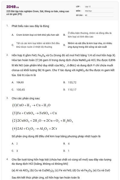 225 Bài tập trắc nghiệm Crom, Sắt, Đồng cơ bản, nâng cao có lời giải (P5)