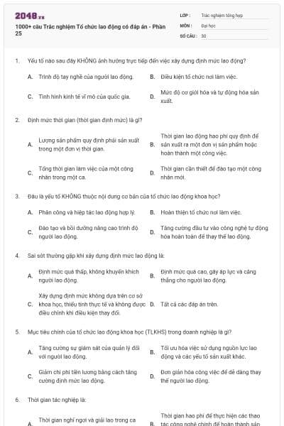 1000+ câu Trắc nghiệm Tổ chức lao động có đáp án - Phần 25