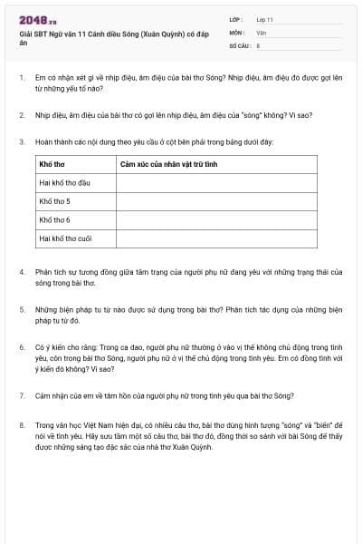 Giải SBT Ngữ văn 11 Cánh diều Sóng (Xuân Quỳnh) có đáp án