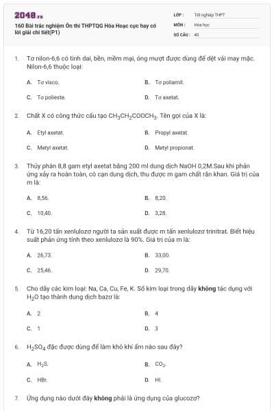 160 Bài trắc nghiệm Ôn thi THPTQG Hóa Hoạc cực hay có lời giải chi tiết(P1)