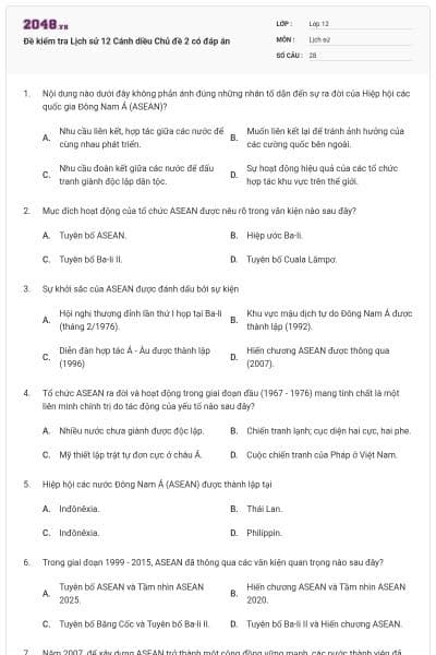 Đề kiểm tra Lịch sử 12 Cánh diều Chủ đề 2 có đáp án