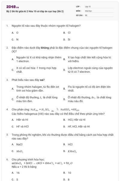 Bộ 2 Đề thi giữa kì 2 Hóa 10 có đáp án cực hay (Đề 2)