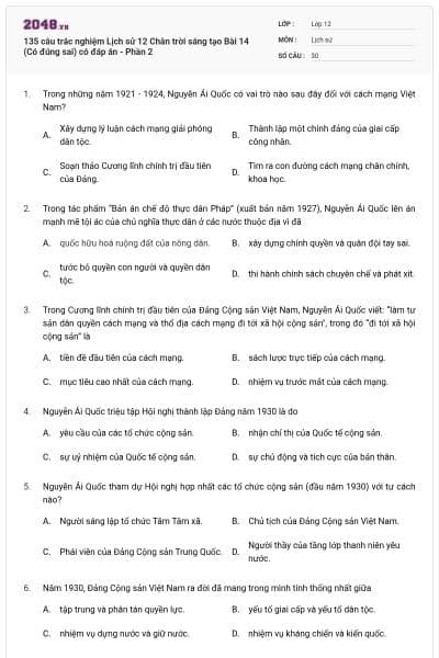 135 câu trắc nghiệm Lịch sử 12 Chân trời sáng tạo Bài 14 (Có đúng sai) có đáp án - Phần 2
