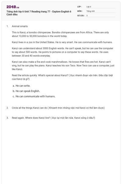 Tiếng Anh lớp 6 Unit 7 Reading trang 77 - Explore English 6 Cánh diều