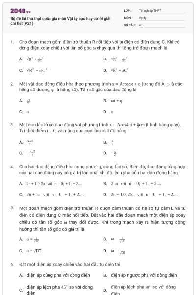 Bộ đề thi thử thpt quốc gia môn Vật Lý cực hay có lời giải chi tiết (P21)