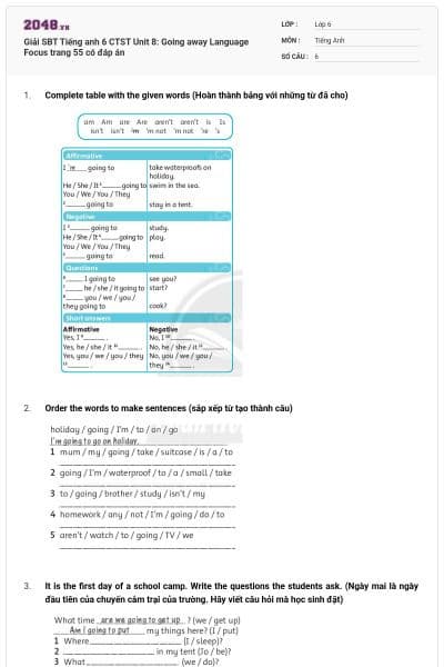 Giải SBT Tiếng anh 6 CTST Unit 8: Going away Language Focus trang 55 có đáp án