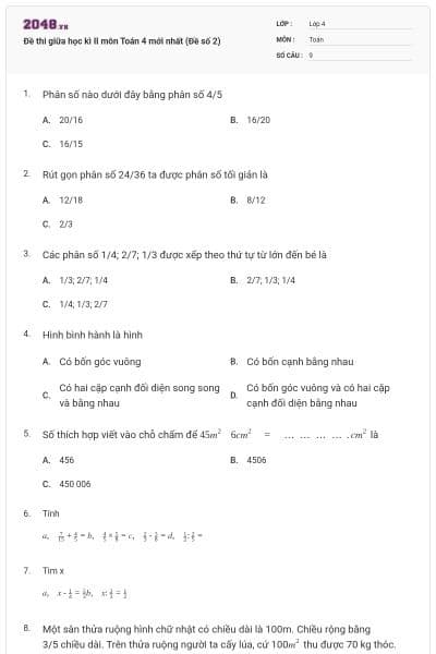Đề thi giữa học kì II môn Toán 4 mới nhất (Đề số 2)