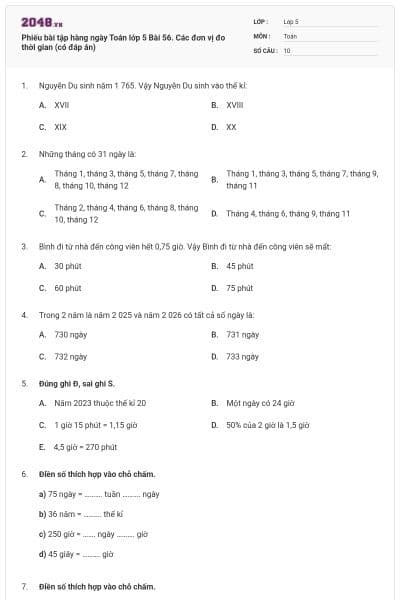 Phiếu bài tập hàng ngày Toán lớp 5 Bài 56. Các đơn vị đo thời gian (có đáp án)