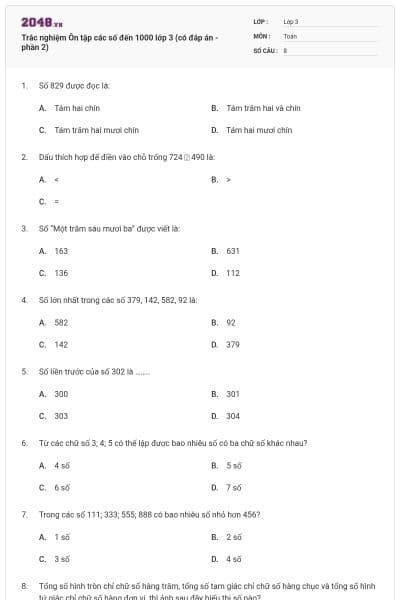 Trắc nghiệm Ôn tập các số đến 1000 lớp 3 (có đáp án - phần 2)
