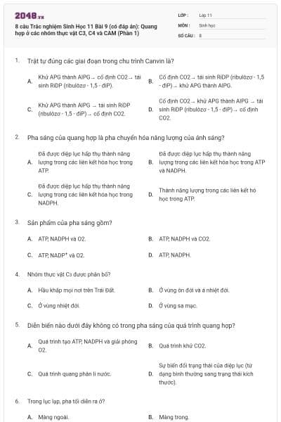 8 câu  Trắc nghiệm Sinh Học 11 Bài 9 (có đáp án): Quang hợp ở các nhóm thực vật C3, C4 và CAM (Phần 1)