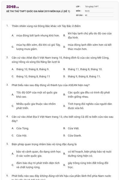 ĐỀ THI THỬ THPT QUỐC GIA NĂM 2019 MÔN ĐỊA LÍ (ĐỀ 1)