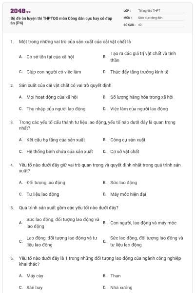 Bộ đề ôn luyện thi THPTQG môn Công dân cực hay có đáp án (P4)