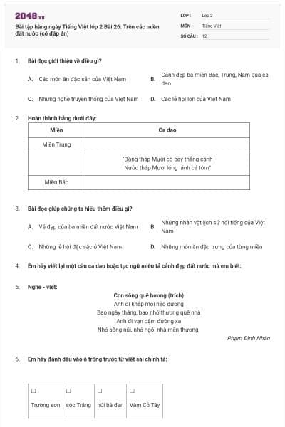 Bài tập hàng ngày Tiếng Việt lớp 2 Bài 26: Trên các miền đất nước (có đáp án)