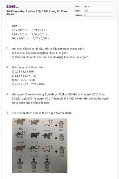 Giải Cùng em học Toán lớp 5 Tập 1 Tiết 2 trang 42, 43 có đáp án