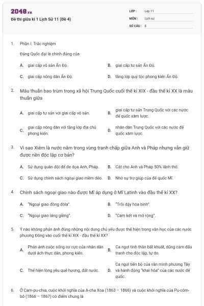 Đề thi giữa kì 1 Lịch Sử 11 (Đề 4)