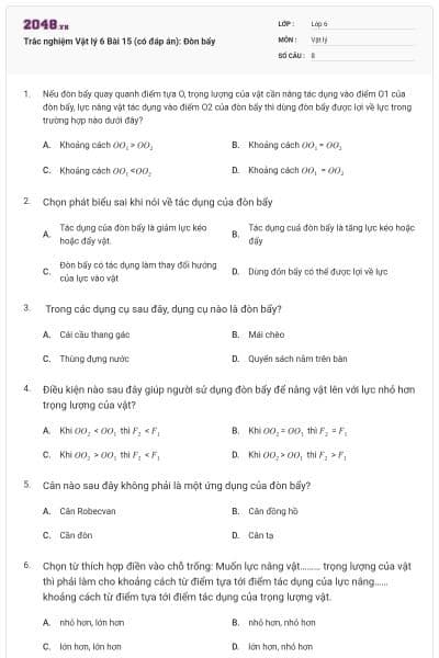 Trắc nghiệm Vật lý 6 Bài 15 (có đáp án): Đòn bẩy