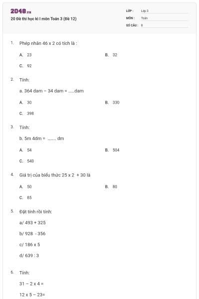 20 Đề thi học kì I môn Toán 3 (Đề 12)