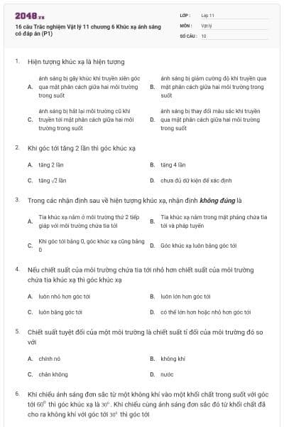 16 câu Trắc nghiệm Vật lý 11 chương 6 Khúc xạ ánh sáng có đáp án (P1)