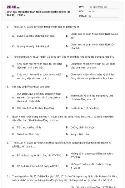 500+ câu Trắc nghiệm An toàn sức khỏe nghề nghiệp (có đáp án) - Phần 7