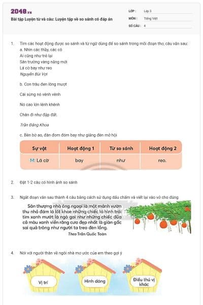 Bài tập Luyện từ và câu: Luyện tập về so sánh có đáp án