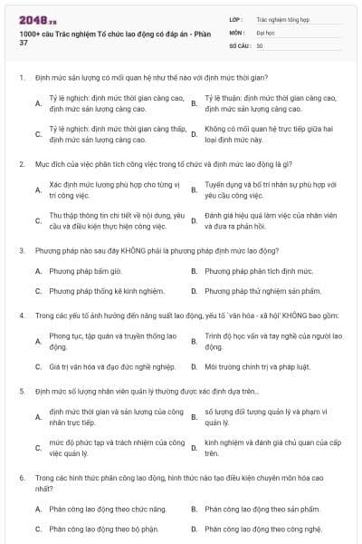 1000+ câu Trắc nghiệm Tổ chức lao động có đáp án - Phần 37