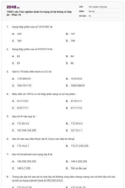 1000+ câu Trắc nghiệm Quản trị mạng và hệ thống có đáp án - Phần 16