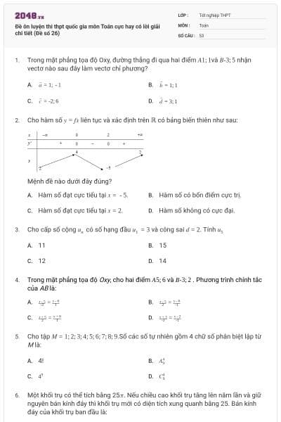 Đề ôn luyện thi thpt quốc gia môn Toán cực hay có lời giải chi tiết (Đề số 26)