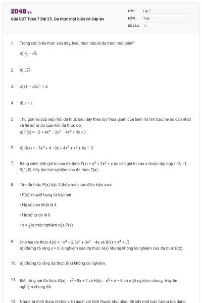Giải SBT Toán 7 Bài 25. Đa thức một biến có đáp án