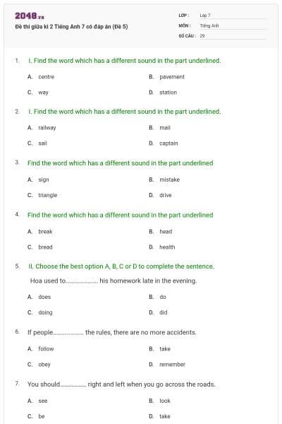 Đề thi giữa kì 2 Tiếng Anh 7 có đáp án (Đề 5)