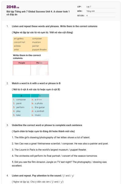 Bài tập Tiếng anh 7 Global Success Unit 4. A closer look 1 có đáp án