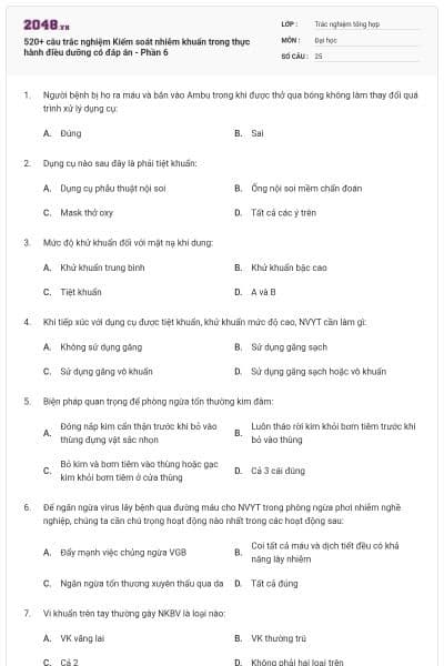 520+ câu trắc nghiệm Kiểm soát nhiễm khuẩn trong thực hành điều dưỡng có đáp án - Phần 6