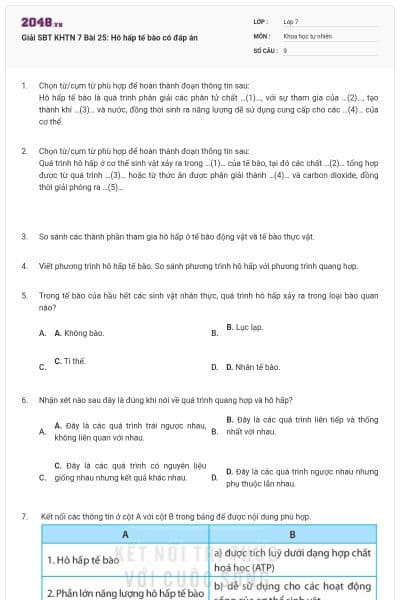 Giải SBT KHTN 7 Bài 25: Hô hấp tế bào có đáp án