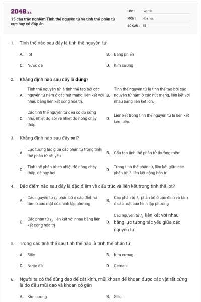 15 câu trắc nghiệm Tinh thể nguyên tử và tinh thể phân tử cực hay có đáp án