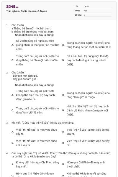 Trắc nghiệm: Nghĩa của câu có đáp án