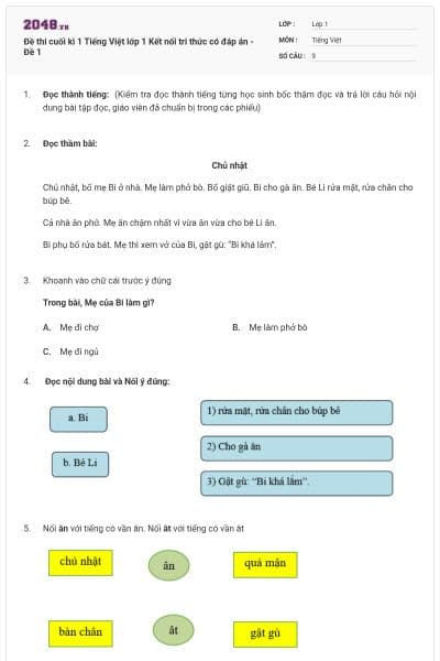 Đề thi cuối kì 1 Tiếng Việt lớp 1 Kết nối tri thức có đáp án - Đề 1