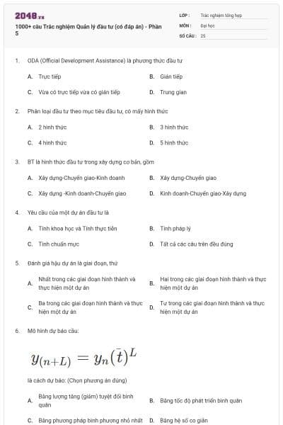 1000+ câu Trắc nghiệm Quản lý đầu tư (có đáp án) - Phần 5