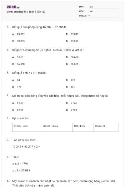 Đề thi cuối học kì II Toán 3 (Đề 12)