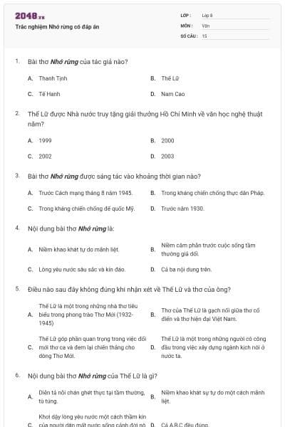 Trắc nghiệm Nhớ rừng có đáp án