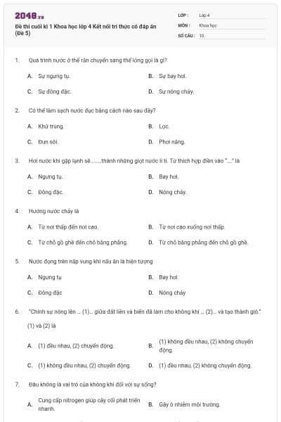 Đề thi cuối kì 1 Khoa học lớp 4 Kết nối tri thức có đáp án (Đề 5)
