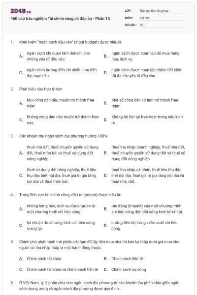 460 câu trắc nghiệm Tài chính công có đáp án - Phần 15