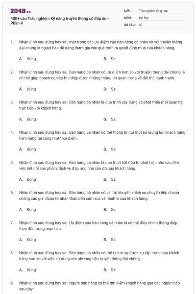 400+ câu Trắc nghiệm Kỹ năng truyền thông có đáp án - Phần 4