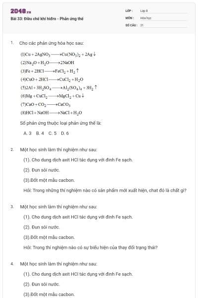 Bài 33: Điều chế khí hiđro - Phản ứng thế