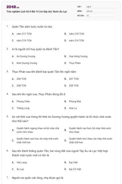 Trắc nghiệm Lịch Sử 6 Bài 14 (có đáp án): Nước Âu Lạc