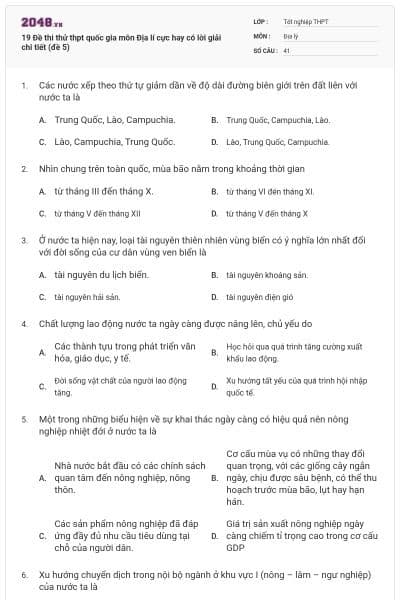 19 Đề thi thử thpt quốc gia môn Địa lí cực hay có lời giải chi tiết (đề 5)