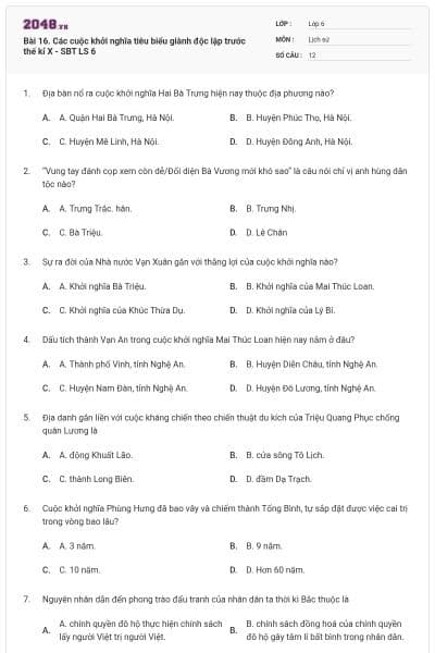 Bài 16. Các cuộc khởi nghĩa tiêu biểu giành độc lập trước thế kỉ X - SBT LS 6