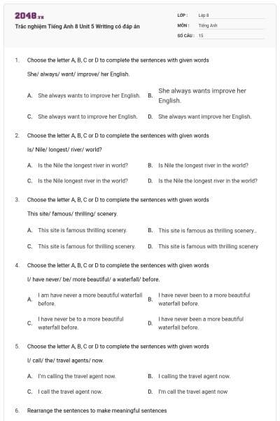 Trắc nghiệm Tiếng Anh 8 Unit 5 Writing có đáp án