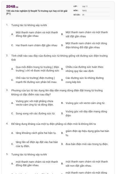 100 câu trắc nghiệm lý thuyết Từ trường cực hay có lời giải (P1)