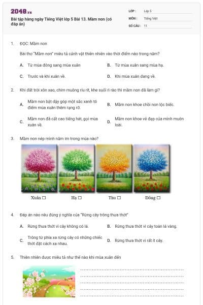 Bài tập hàng ngày Tiếng Việt lớp 5 Bài 13. Mầm non (có đáp án)